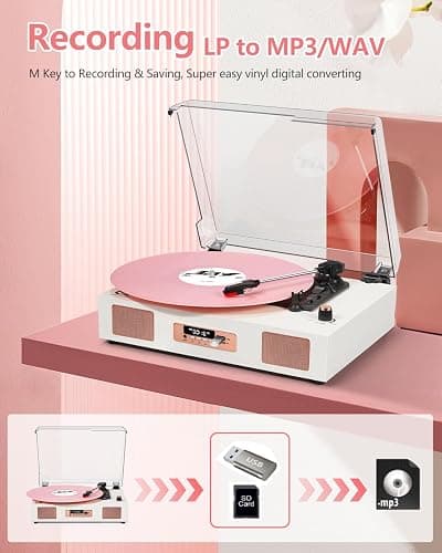 Vinyl Record Player Vintage Wireless Bluetooth Record Player with Stereo Speakers, USB/TF Card Recording, LP Player with 3 Speed Belt Drive Turntable Support RCA Line-Out AUX Input EQ,White& Rose Gold thumbnail 5