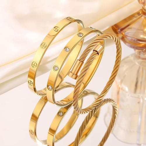 Camhanno Gold Bracelets for Women - Stackable Bangles with Love & Friendship Theme - Stainless Steel Jewelry Gift for Her thumbnail 6