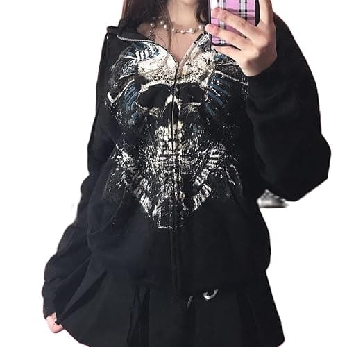 Meiweileya Women's Y2k Grunge Skull Graphic Zip Up Hoodies Emo Goth Skeleton Jacket Long Sleeve - Image 1