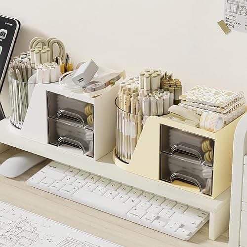 SZDPC Desk Organizer with Rotating Pencil Pen Holder and 2 Small Drawers, Desk Caddy for Office Workspace Organization and Storage (White) thumbnail 7