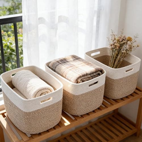 HZFTJOY 3 Pack Woven Baskets,Storage Baskets for Shelves with Handles | 13.5"×11"×9.5" Closet Baskets, Nursery Organizer for Toys Towels Books, Storage Bin for Living Room Bedroom (White&Brown) - Image 1
