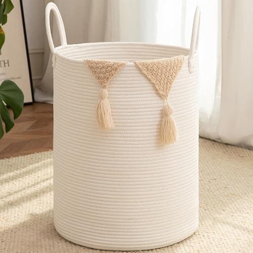 OIAHOMY Large Laundry Basket Hamper - 60L Cotton Rope Woven Basket for Blankets, Toys, Clothes - Tall Decorative Nursery Hamper with Long Handles, White - Image 1