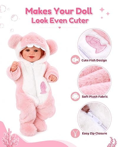 BABESIDE Reborn Baby Doll Clothes for 17-20 Inch Dolls Accessories, Cute Shark Baby Doll Clothes with Hat for Realistic Babydolls, Pretend Play Gift for Girls Kids Birthday Christmas, Pink thumbnail 3