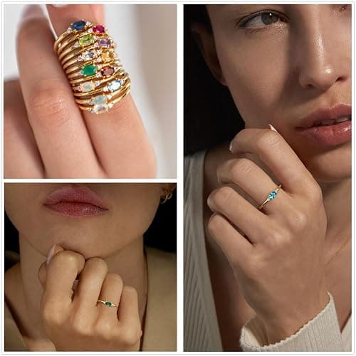 Lunvky 14k Gold Plated Birthstone Rings for Women Dainty Stackable Rings Non Tarnish Thumb CZ Emerald Green Gemstone Ring Cute Jewelry Birthday Valentine Gift for Mother Daughter Band Size 6-11 thumbnail 4