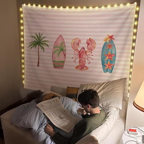 SkyCozy Pink Surf Coastal Beach Wall Tapestry,Surf Board Room Decor, Summer Coastal Preppy Trendy Retro East Coast Coquette Surfboard Crawfish Tapestry Decor for Girls Room College, 50x60 Inch thumbnail 3
