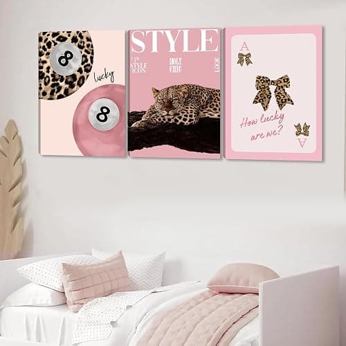 ACWOWO 3 PCS Pink Leopard Bow Canvas Wall Art Fashion Cheetah Painting Poster Lucky 8 Ball Wall Decor Pink Print Pictures for Girls Bedroom Living Room Home Decoration 12 * 16 in (Poster No Frame) thumbnail 3