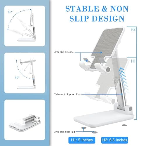 HZZADZXW Cell Phone Stand, Adjustable Angle and Height Cell Phone Holder for Desk, Foldable and Portable, Anti-Slip Silicone Pad, Compatible with All Mobile Phones and 4-8 Inch Devices, White thumbnail 7