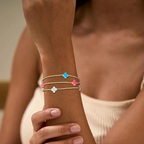 choice of all Gold Bracelets for Women Trendy Beaded Bracelet Non Tarnish Stack Cross Pearl Beaded Stretch Bracelets Jewelry Gifts for Women - B4:cross beaded bracelets-3pcs thumbnail 4