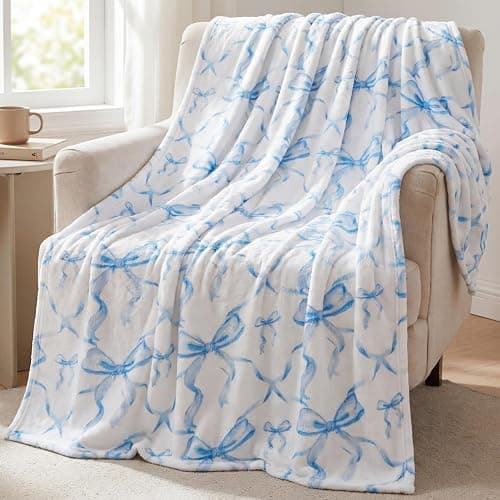 Buryeah Blue Bow Throw Blanket 50"x60" Soft Flannel for Girls Women | Coquette Aesthetic Decor with Ruffled Edges, Ultra Plush Bed Sofa Blanket, Preppy Gift for Teens, Back to School Dorm Room thumbnail 3