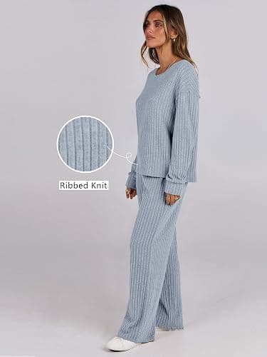 ANRABESS Women 2 Piece Lounge Pajamas Sets Casual Ribbed Knit Long Sleeve Top Pants Matching Set 2025 Fall Outfits Clothes thumbnail 4