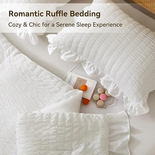 JOLLYVOGUE Queen Comforter Set, 3 Pieces White Seersucker Comforters Queen Size, Lightweight & Fluffy Bedding Sets Queen for All Season with 1 Ruffle Comforter and 2 Ruffle Pillowshams thumbnail 4
