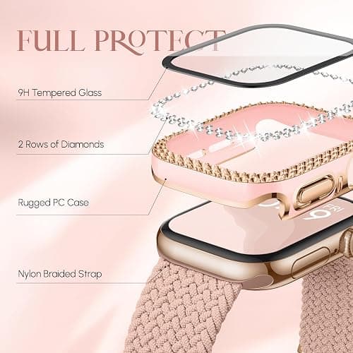 Braided Stretchy Band Compatible for Apple Watch Bands for Women and Case 40mm 41mm 42mm 44mm 45mm 46mm, Solace Solo Loop Bling Diamond Screen Protector Cover for iWatch Series 11 10 9 8 7 SE 6 5 4 thumbnail 4
