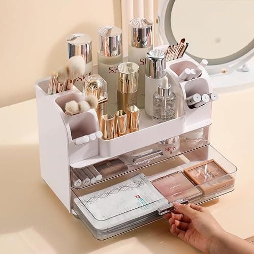 Anyoifax Makeup Organizer Countertop with Large Drawers, Vanity Organizer with Brush Holder, Skin Care Storage for Dresser, Perfume Organizer for Lotion, Lipsitck, Palette, White thumbnail 2