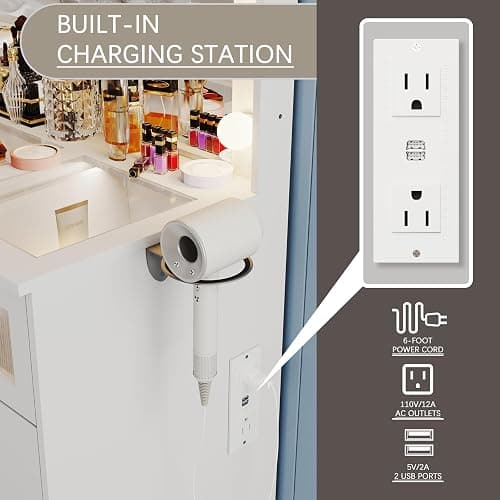 IFSEB Makeup Vanity Desk with Lights and Large 36.9’’ Mirror, 9 Drawers Light Up Vanity with 3 Color Hollywood Bulbs, Glass Top Make Up Table with Charging Station & Crystal Knobs for Woman, White thumbnail 7