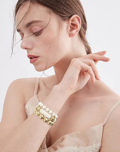 LALAPPLE Gold Plated Beaded Acrylic Bamboo Tube Bangle Bracelets for Women, Colorful Chunky Curved Tube With Gold Plated Pieces Beads Stretch Bracelet Friendship Summer Beach Jewelry thumbnail 5