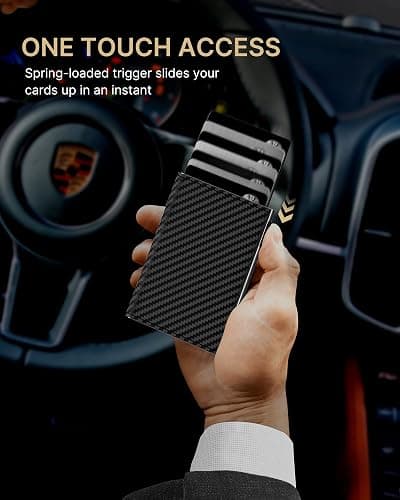 typecase Mens Wallet Card Holder: Pop Up Aluminum Case, Genuine Leather, Smart, RFID Blocking, Slim, Minimalist, Front Pocket - 9-14 Card Capacity | ID Window | Cash Slot (Carbon Fiber) thumbnail 4
