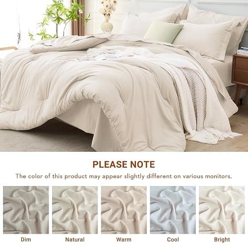 MUXHOMO 7 Pieces Full Comforter Set, Soft Bed in a Bag Full Size, All Season Bedding Set with Comforter, Flat Sheet, Fitted Sheet, Pillowcases & Shams, Beige thumbnail 7