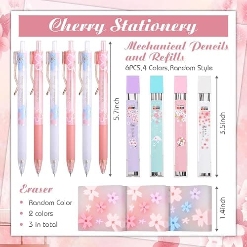 Crtiin 74 Pcs Kawaii Cherry Blossom Stationery Set Japanese Kawaii Pencil Bag Mechanical Pencil Cherry Erasers Pencil Refill and Stickers for Office Party Favors(Pink) thumbnail 2