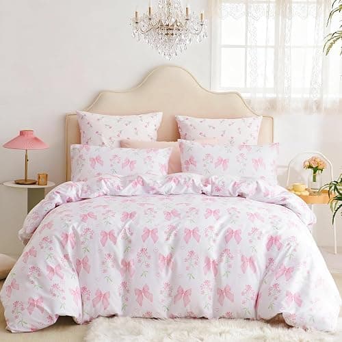 CCoutueChen Duvet Cover Full 3Pcs Pink Floral Bow Bedding Set for Girls Kids, Romantic Princess Style Bowknot Bedding, Ultra Soft Reversible Garden Flower Duvet Cover Set(2 Pillowcases,No Comforter) - Image 1
