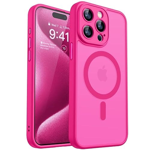 CANSHN Magnetic Compatible with iPhone 15 Pro Case, Upgraded [Full Camera Protection] [Compatible with Magsafe] [Translucent Matte] Shockproof Protective Phone Case Cover 6.1 Inch - Hot Pink - Image 1