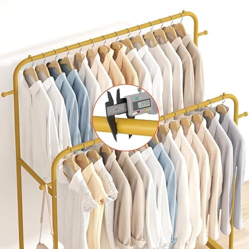 Laiensia Double Rods Garment Rack with Wheels, Clothing Rack for Hanging Clothes,4 Hooks, Multi-functional Bedroom Clothes Rack, Gold thumbnail 7