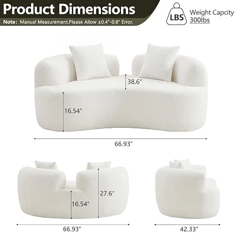 67”Curved Loveseat Sofa for Living Room, Deep Seat Love Seat Couch with 2 Throw Pillows, Modern Loveseat Adopt Teddy Fabric, Suitable Small Spaces The Cloud Loveseat, No Assembly Needed, White thumbnail 2