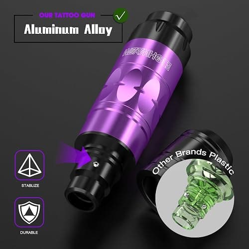 Wormhole Tattoo Gun Tattoo Kit with Wireless Tattoo Machine, 2PCS 1,200mAh Capacity Tattoo Batteries, 20 Cartridge Needles with Finger Ledge, Ink Color Set for Artists-Purple thumbnail 5