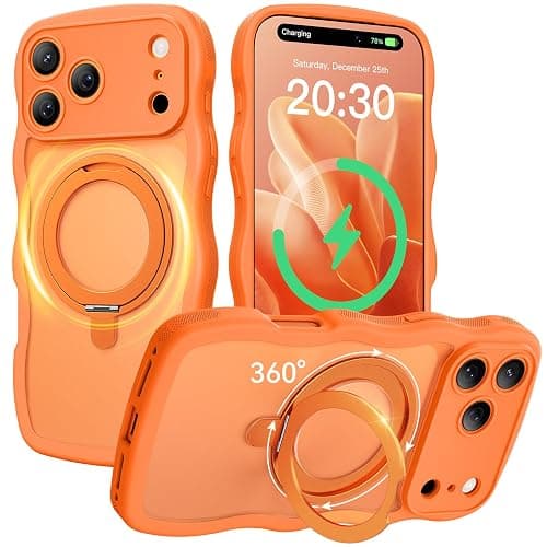 360° Spin Magnetic Stand for iPhone 17 Pro Case for Women Girls, Upgraded [Full Camera Protection, Fit for MagSafe, Cute Wave Non-Slip Phone Case for iPhone 17 Pro, Official Cosmic Orange - Image 1