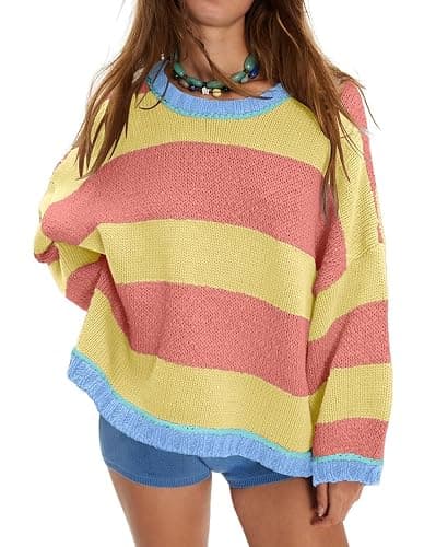 Aisongyuan Women Fall Color Block Striped Sweater Crewneck Long Sleeve Loose Pullover Sweaters Knitted Tops - Image 1