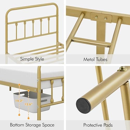 Yaheetech 2Pcs Twin Size Metal Platform Bed Frame with Victorian Style Iron-Art Headboard/Footboard/Under Bed Storage/No Box Spring Needed Antique Gold - Twin - Antique Gold thumbnail 5