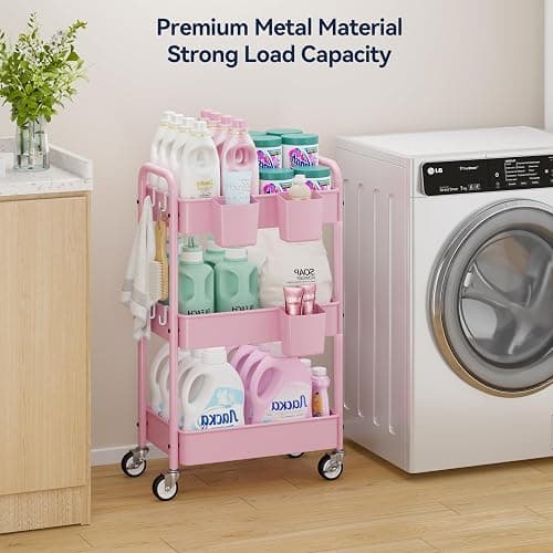 YASONIC 3-Tier Metal Rolling Cart, Heavy Duty Utility Cart with Lockable Wheels, Hanging Cups, Hooks, Mesh Rolling Storage Cart Craft Organizer, Lightweight and Sturdy, Pink thumbnail 5
