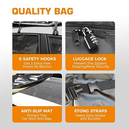 Kingfun Rooftop Cargo Carrier - Waterproof 20 Cubic Feet Car Roof Bag for All Vechicles with/Without Racks, Includes Anti-Slip Mat, 8 Reinforced Straps, 6 Door Hooks, Luggage Lock thumbnail 5