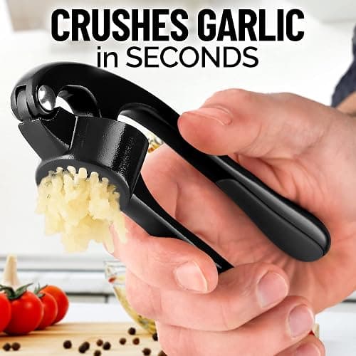Zulay Kitchen Premium Garlic Press Set - Rust Proof Professional Garlic Mincer Tool - Easy-Squeeze, Easy-Clean with Soft, Ergonomic Handle - Silicone Garlic Peeler & Brush (Black) thumbnail 3