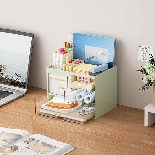 Marbrasse Desk Organizer with 3 Drawer, Multi-Functional Pencil Pen Holder for Desk, Desk Organizers and Accessories with 4 Compartments, Desktop Organizer Storage for Office Home Supplies (Green) thumbnail 2