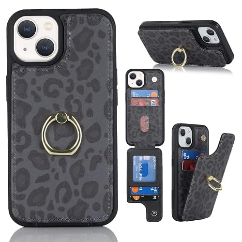 SailorTech für iPhone 15 Handyhülle mit Kreditkartenhalter für Frauen, iPhone 15 Hülle Ring-Ständer Kartenschlitze Standfunktion Modische Tasche für Männer - Schwarzer Leopard thumbnail 2
