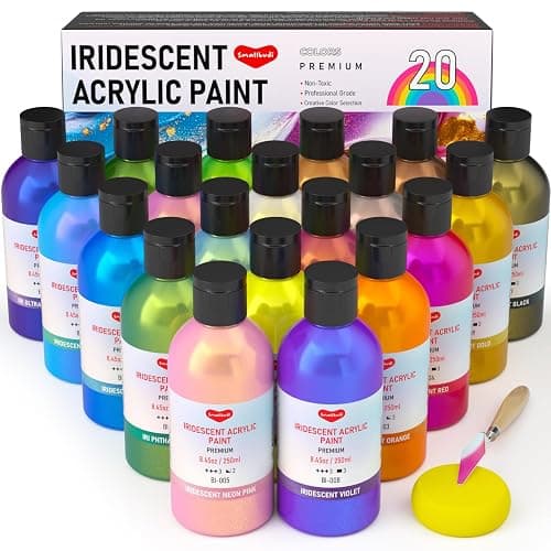 Smallbudi Iridescent Acrylic Paint Set, 20 Colors Bulk Color Shifting Paint | 250ml/8.45oz Large Bottles Fluid Painting Medium, Non Toxic Pearlescent Chameleon Craft Paint for Canvas Rocks Wood Crafts - Image 1