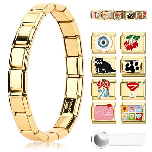 Ouxayapl Italian Charm Bracelet Gold, Italian Charms Armband Set, DIY Abnehmbare Module für 9mm Armbände, Italian Charm Armbänder Bracelet Gold Charms mit Öffnungswerkzeug für Mädchen Junge Geschenk - Image 1