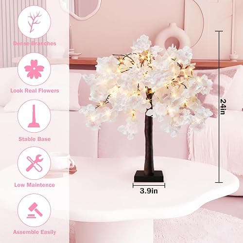 obbsie 24 Inch Lighted Cherry Blossom Tree with 24 Fairy Lights Artificial Bonsai Flower Tree with Timer Battery/USB Operated Pink Light Up Tabletop Tree for Spring Wedding Party Indoor Outdoor Decor thumbnail 3