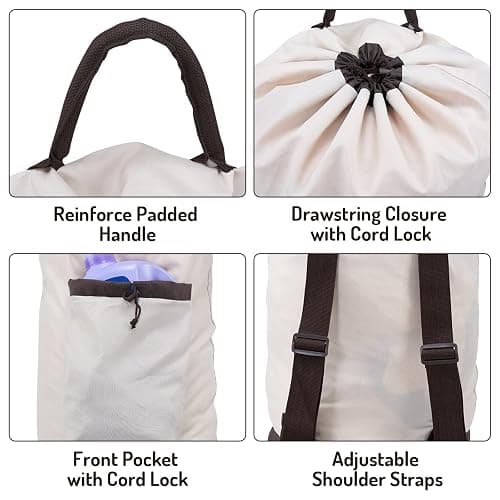 Laundry Bag Backpack with Shoulder Straps and Detergent Holder Clothes, Travel Laundry Backpack Bag Hamper for College Dorm Room Essentials (Khaki w Brown) - Khaki w Brown thumbnail 3