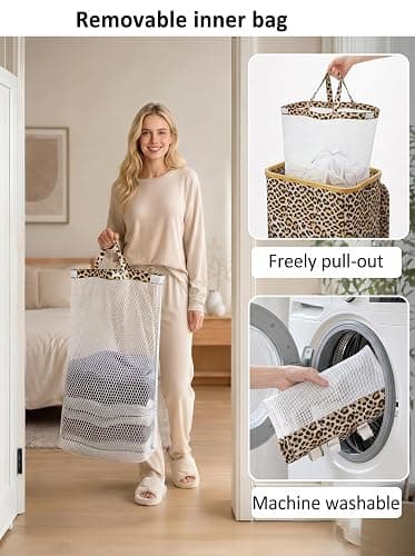 IEGrow Laundry Hamper with Lid,110L Laundry Basket with Bag,Leopard Print | Dirty Clothes Hamper Basket with Bamboo Handle for Clothes Towels thumbnail 4