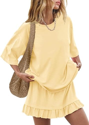 Panadila Women 2 Piece Skirt Sets Short Sleeve Tops Flowy Skirts | Summer Matching Sets, Lounge Set, Beach Vacation Outfits, Mini Skirts, Going Out, Crew Neck, Oversized Tshirts, Pleated Skirt thumbnail 2