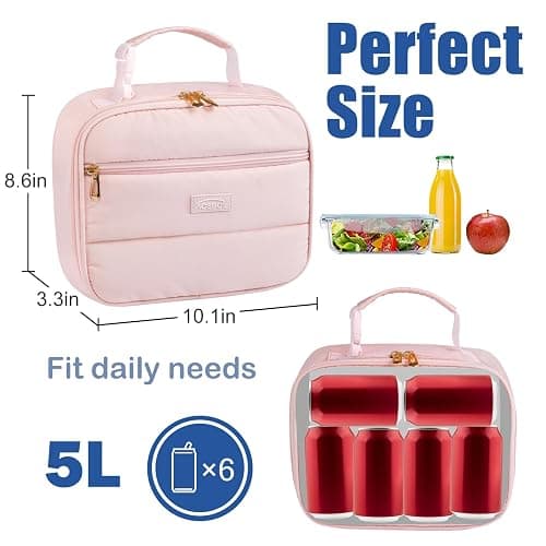 Aosbos Puffer Lunch Bag for Women Lunch Box Insulated Lunch Bags Mini Cooler Bag Lunch Kit Adult Reusable Snack Bag Kids Boite a Lunch Enfant for Work Picnic Outdoor (Pink) | 5L Capacity,5H Cold Insulation,Easy Clean Lining, Dual Metal Zippers,Water-Resistant thumbnail 3