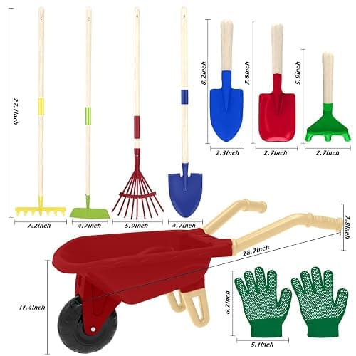 Qtioucp Kids Gardening Tools Outdoor Toys Set Backyard Play with Wheelbarrow Educational STEM Learning Pretend Toys Outdoor Indoor for Toddlers Kids Boys Girls (Red Wheelbarrow Set) thumbnail 3