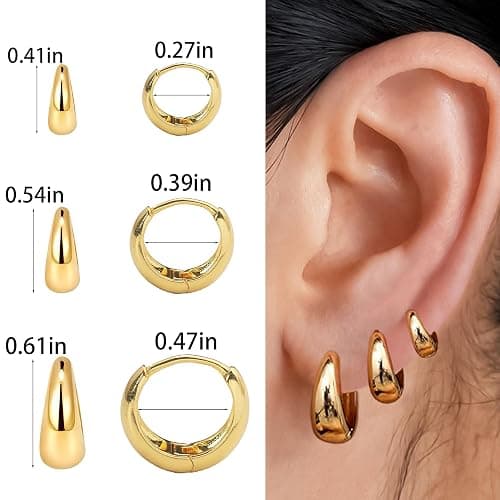 SEJPH 3-Pair Huggie Hoop Earrings 18K Gold Plated, Hypoallergenic Thick Small Layered Set, Stacking Earrings Jewelry Gift for Women thumbnail 4