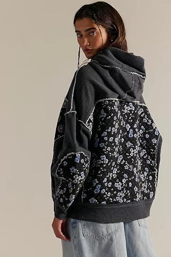 Women’s Oversized Charcoal Hoodie - Quilted Embellished Patchwork Sweatshirt Casual Vintage Style Pullover thumbnail 5