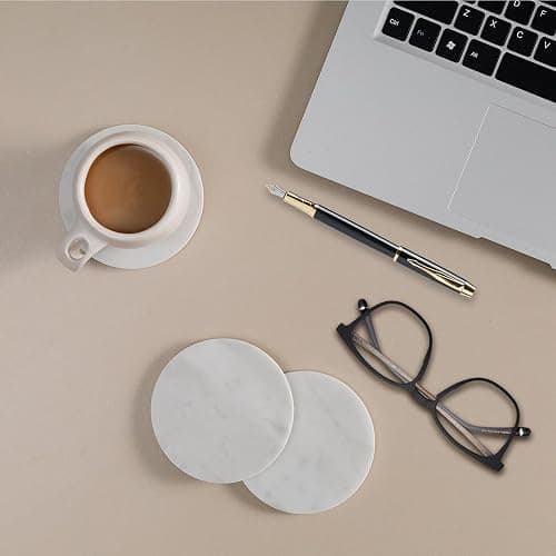 YONGHEE Carrara White Marble Coasters Set of 6 with Holder, Elegant Modern Round White Marble Drink Coasters for Coffee Table Decor, Semi Absorbent Stone Coaster for Drinks, Velvet Backed thumbnail 2