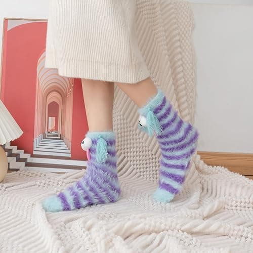 Kephay Coral Velvet Cartoon Monster Funny Socks for Women & Girls, 3D Crazy Novelty Face Winter Warm Thick Socks thumbnail 3