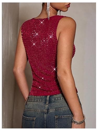 OYOANGLE Women's Sparkly Rhinestone Shirt Sleeveless Crew Neck Tanks Rave Top Concert Outfits thumbnail 3