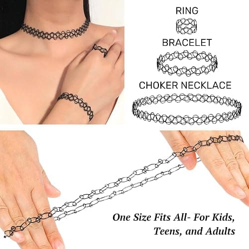 BodyJ4You 3PC Tattoo Choker Set Necklace Bracelet Ring - 90s Necklace 2000s Y2K Fashion Vintage - Stretchy Elastic Neck Lace Women's - Gothic Black Multicolor Rainbow - Classic Fashion Trend thumbnail 2