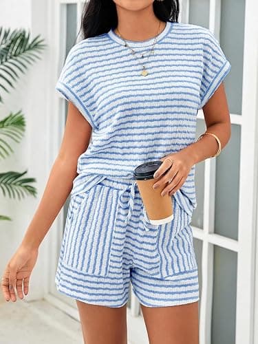 Tankaneo Womens Striped Summer 2 Piece Short Sets | Short Sleeve T Shirts, Drawstring Shorts, Casual Outfits, Lounge Pajama Sets thumbnail 4